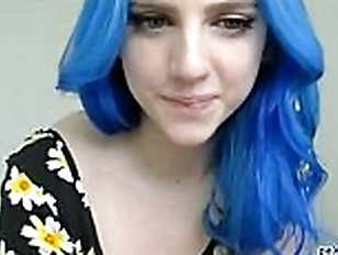 Blue haired teen shows her huge tits on webcam